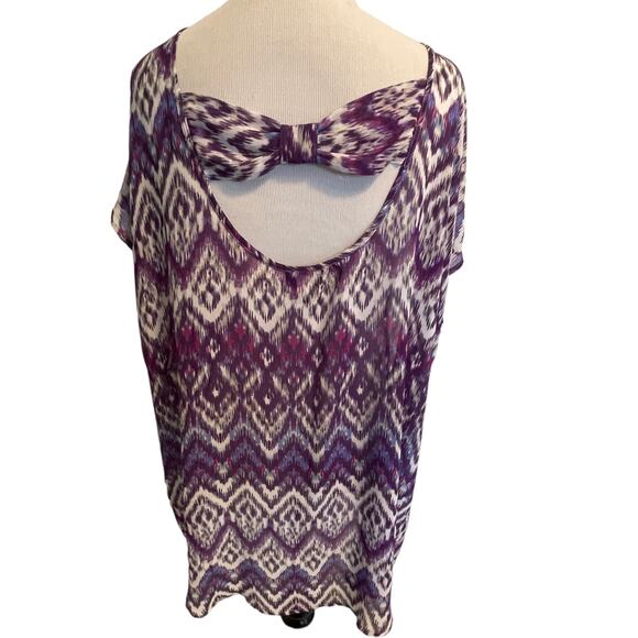 Torrid Purple Ikat Aztec Print Top Women's Size 2X Sheer Cut Out Bow Back Blouse - Picture 5 of 9